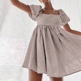 Süßes Leinen-Babydoll-Minikleid mit Puffärmeln und quadratischem Ausschnitt - Khaki